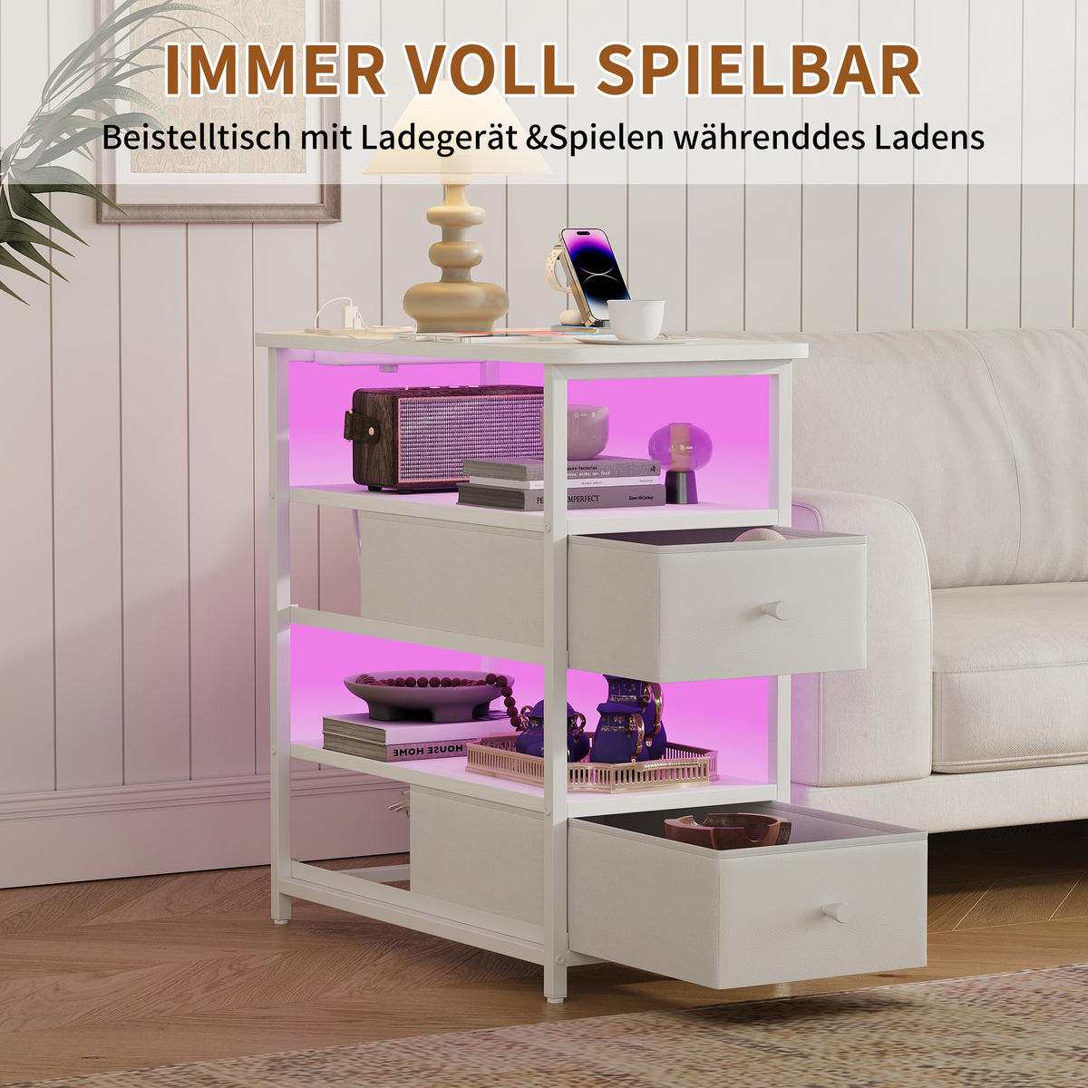 NACHTTISCH LED USB 2 Schubladen 2 Fächer weiß - Weiß, Holz (58/28/60.5cm) - LEBENLANG