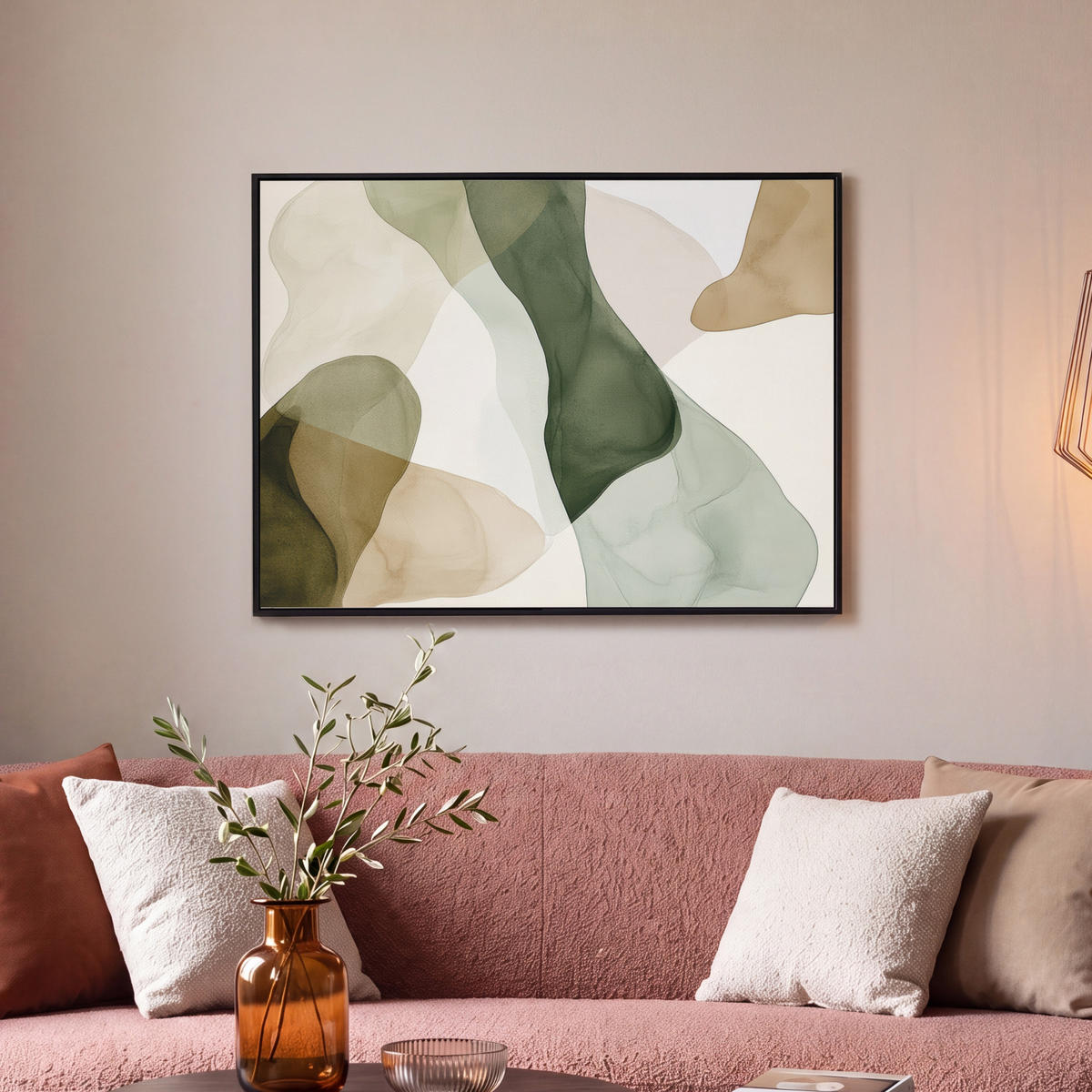 LEINWAND Bilder mit Rahmen - Japandi - Abstrakt - Grün - 70x50 - Salbeigrün, Textil (70/50cm) - MuchoWow
