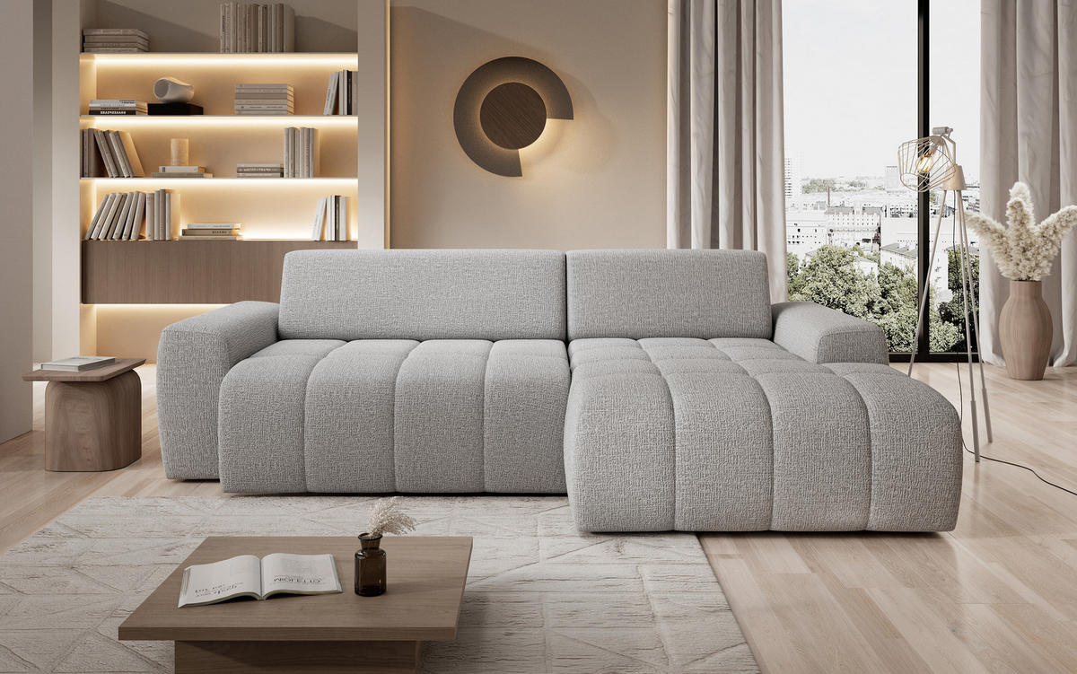 ECKSOFA Savio Freistehend, mit Abriebfestem Kansas-Stoff, Maße 265x172x81 cm, Ausziehbare Sitzfläche 206x92 cm, Rechte, – Esche - Silberfarben, Holz/Textil (265/172cm) - DomoHome