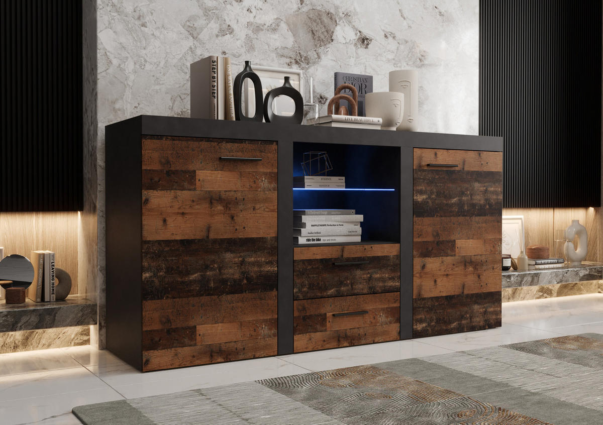 KOMMODE London LRK mit 2 Türen, Sideboard in Farbe: Dunkelbraun|Schwarz, Größe: 156 x 82 x 40 cm - Dunkelbraun/Schwarz, Holzwerkstoff (156/82/40cm) - O-Sofa
