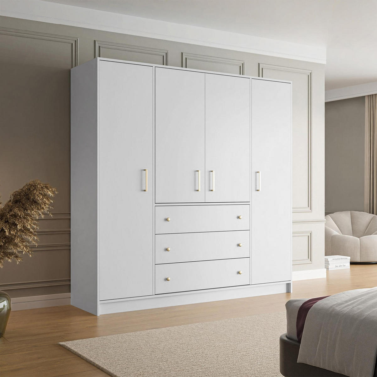DREHTÜRENSCHRANK Rilo mit 4 Türen und 3 Schubladen, 200 cm, Weiß - Weiß, Holzwerkstoff (196/210/58cm) - Beautysofa