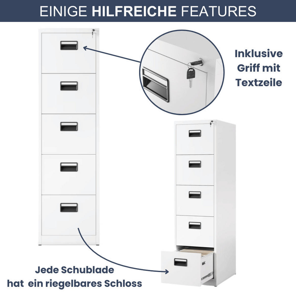 HÄNGEREGISTERSCHRANK abschließbar TION 5 Schubladen 163x46x62cm Weiß - Weiß, Metall (46/163/62cm) - DELUKE