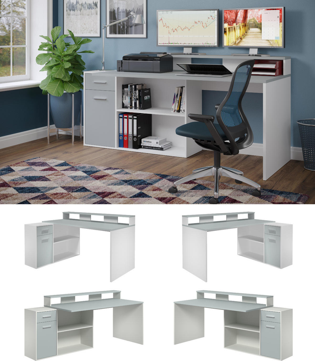 SCHREIBTISCH grau, weiß 160 - 200 x 92 cm, Eckschreibtisch mit Stauraum - Silberfarben/Weiß, Holzwerkstoff/Kunststoff (115/160/92cm) - Top.Furn