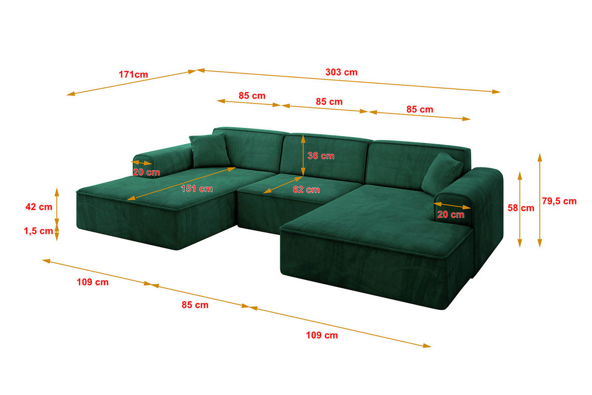 WOHNLANDSCHAFT IREA-U1-v3 - 303x171x79 cm Grün - Dunkelgrün, Holzwerkstoff/Textil (303/79/171cm) - ALTDECOR