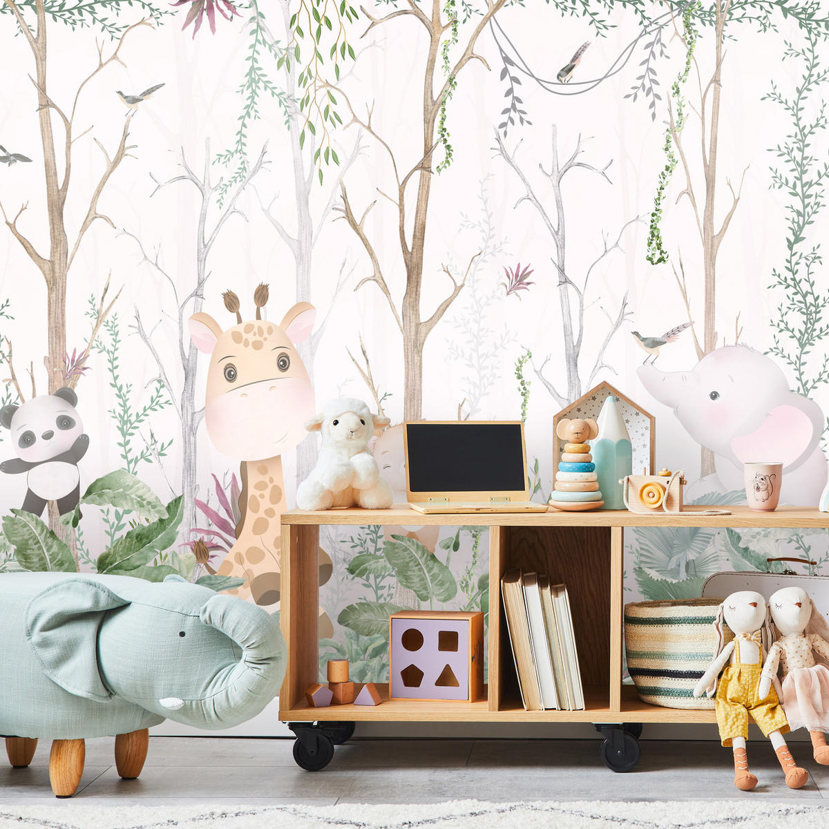 FOTOTAPETE für Kinderzimmer Märchenhafte Tiere Wald Bäume Pflanzen 500x350 - Beige/Rosa, Papier (500/350cm) - Muralo