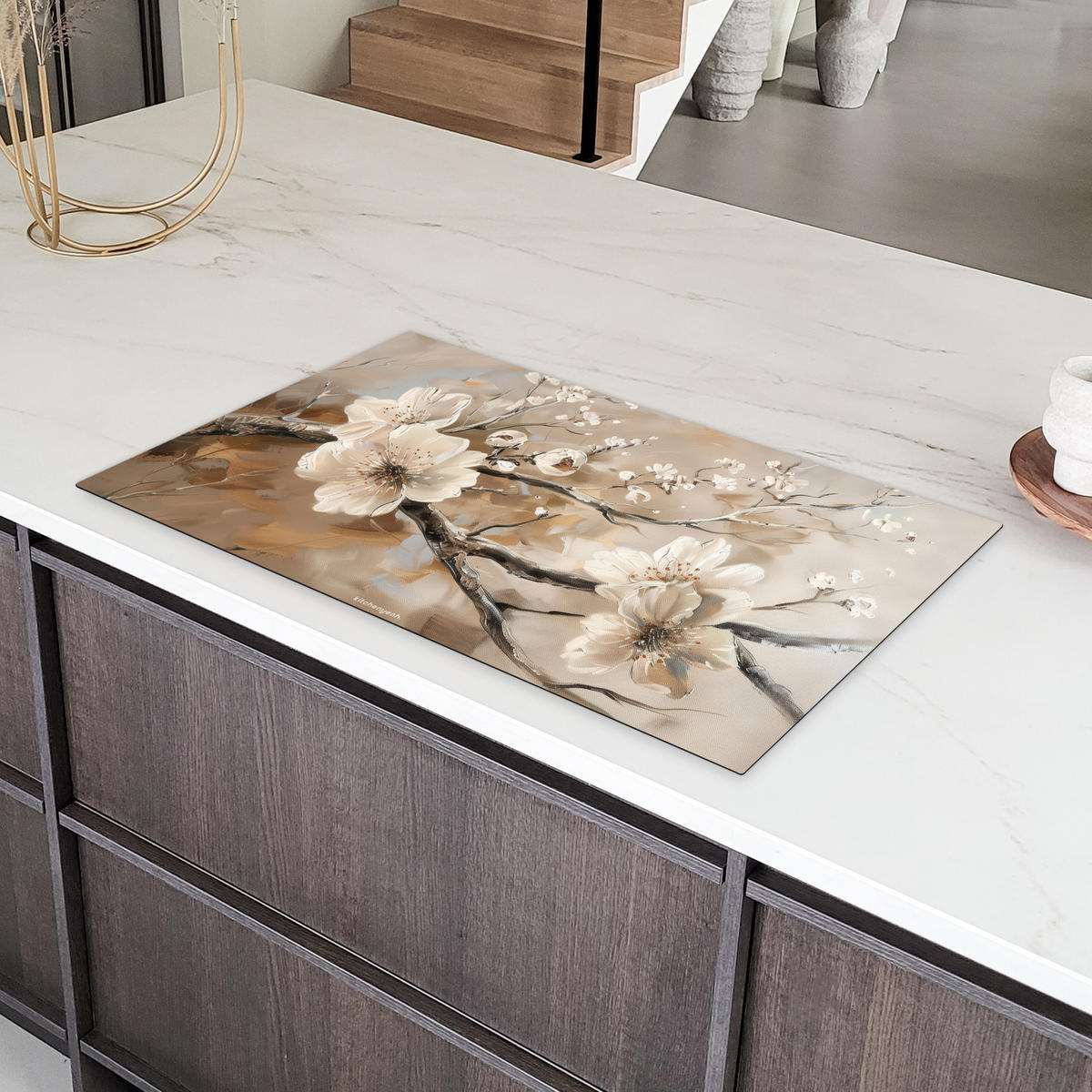 HERDABDECKPLATTE Blumen - Abstrakt - Gemalt - Beige 91x52 cm - Beige, Kunststoff (91.2/52/0.2cm) - MuchoWow