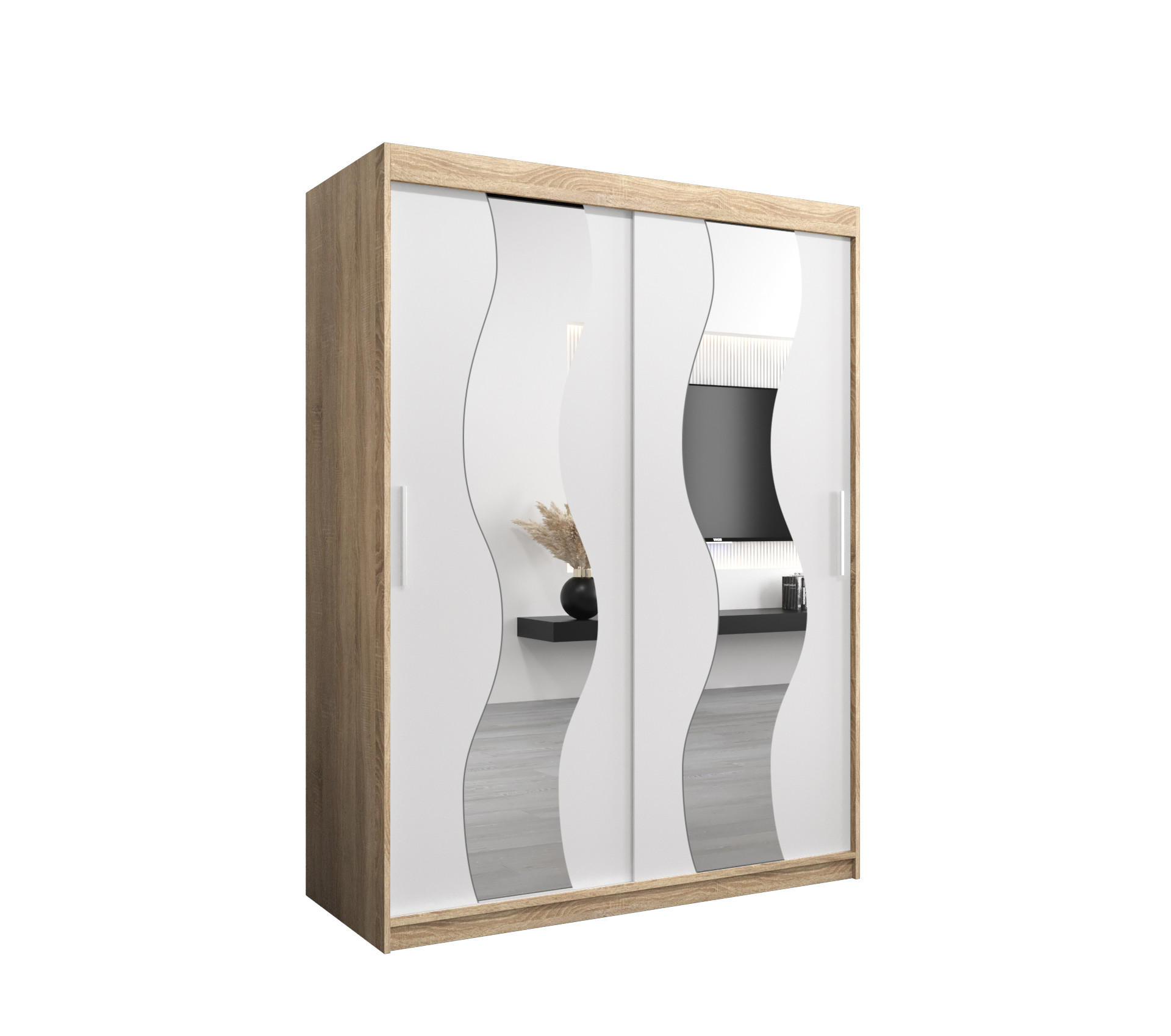 Abiks Möbel Schwebetürenschrank Sonoma Eiche, Weiß 150x200x62 cm