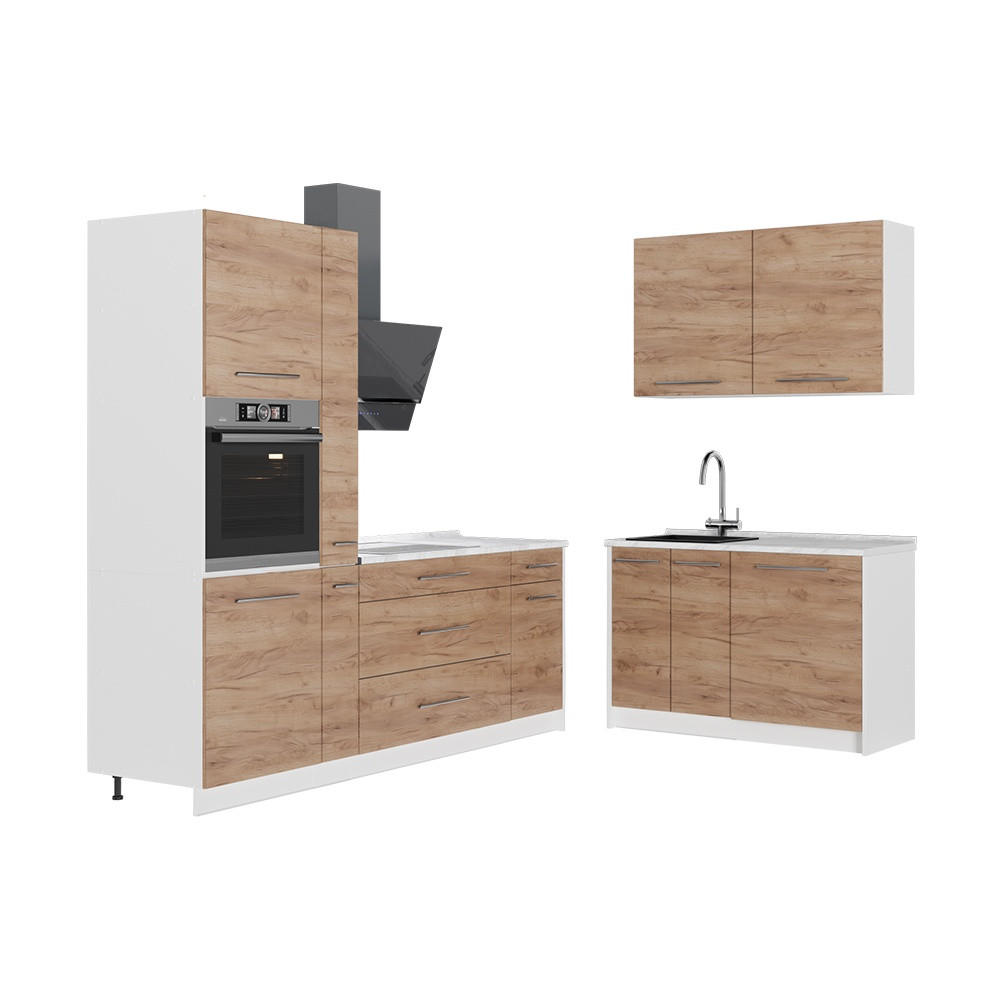 KÜCHENZEILE Fame-Line, Goldkraft Eiche/Weiß, 220 x 120 cm, AP Marmor - Honigeiche/Weiß, Holzwerkstoff (220/206.8/60cm) - Vicco