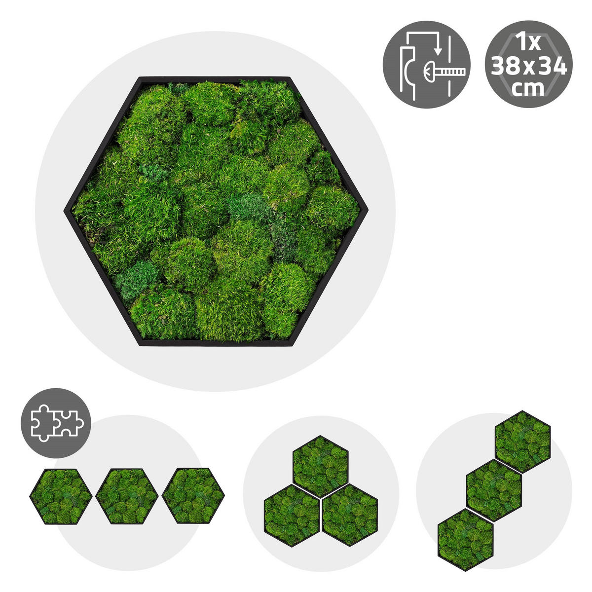 MOOSBILD Hexagon 38x34 cm Mooswand Indoor mit echtem Kugelmoos und Holzrahmen Grün Pflegefrei - Grün, Naturmaterialien (38/34/3.4cm) - ECD-Germany