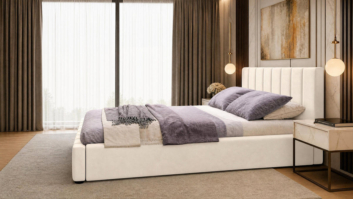 MARPUR Polsterbett NERO 180x200 cm mit Bettkasten und Lattenrost, Beige - Chromfarben/Beige, Holz/Holzwerkstoff (180/200cm) - Marpur
