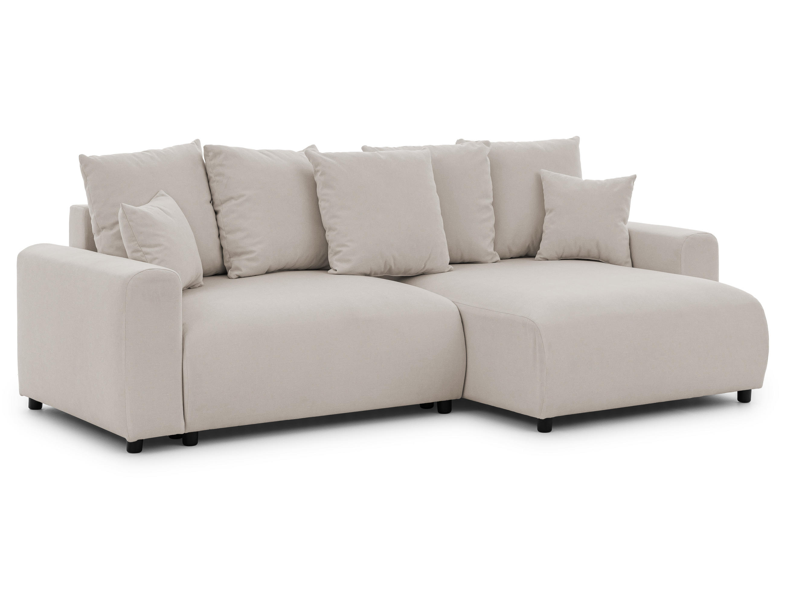ECKSOFA Calma mit Schlaffunktion und Bettkasten im Bumpy-Design aus weichem Beige Webstoff - Ottomane rechts - Beige/Schwarz, Holz/Kunststoff (140/239cm) - S-Style