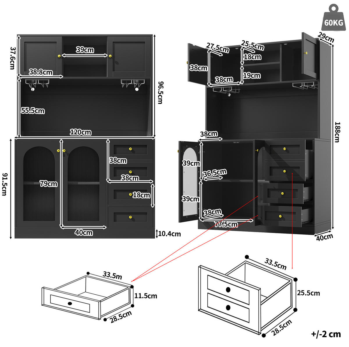 BUFFETSCHRANK 120/40/188 cm schwarz aus MDF mit LED-Lichtleiste - Schwarz, Holzwerkstoff (120/188/40cm) - OKWISH