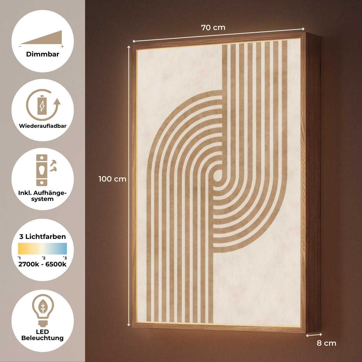 NÁSTĚNNÁ LAMPA S AKUMULÁTOREM Symetrický ohyb - měděná barva 70x100 cm - béžová, kompozitní dřevo (70/100/8cm) - OnlyWow