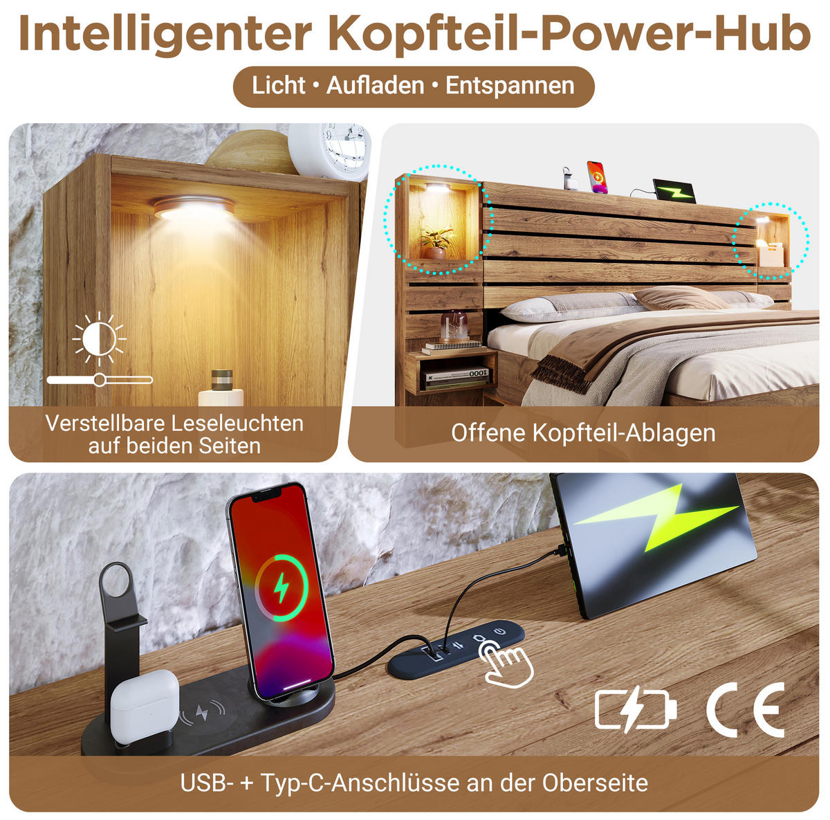 POSTEL 160/200 cm s LED osvětlením, USB a USB-C porty, osvětlenou nikou, plovoucími nočními stolky a úložným prostorem, Dub - barva dubu, kompozitní dřevo (160/200cm) - Redom