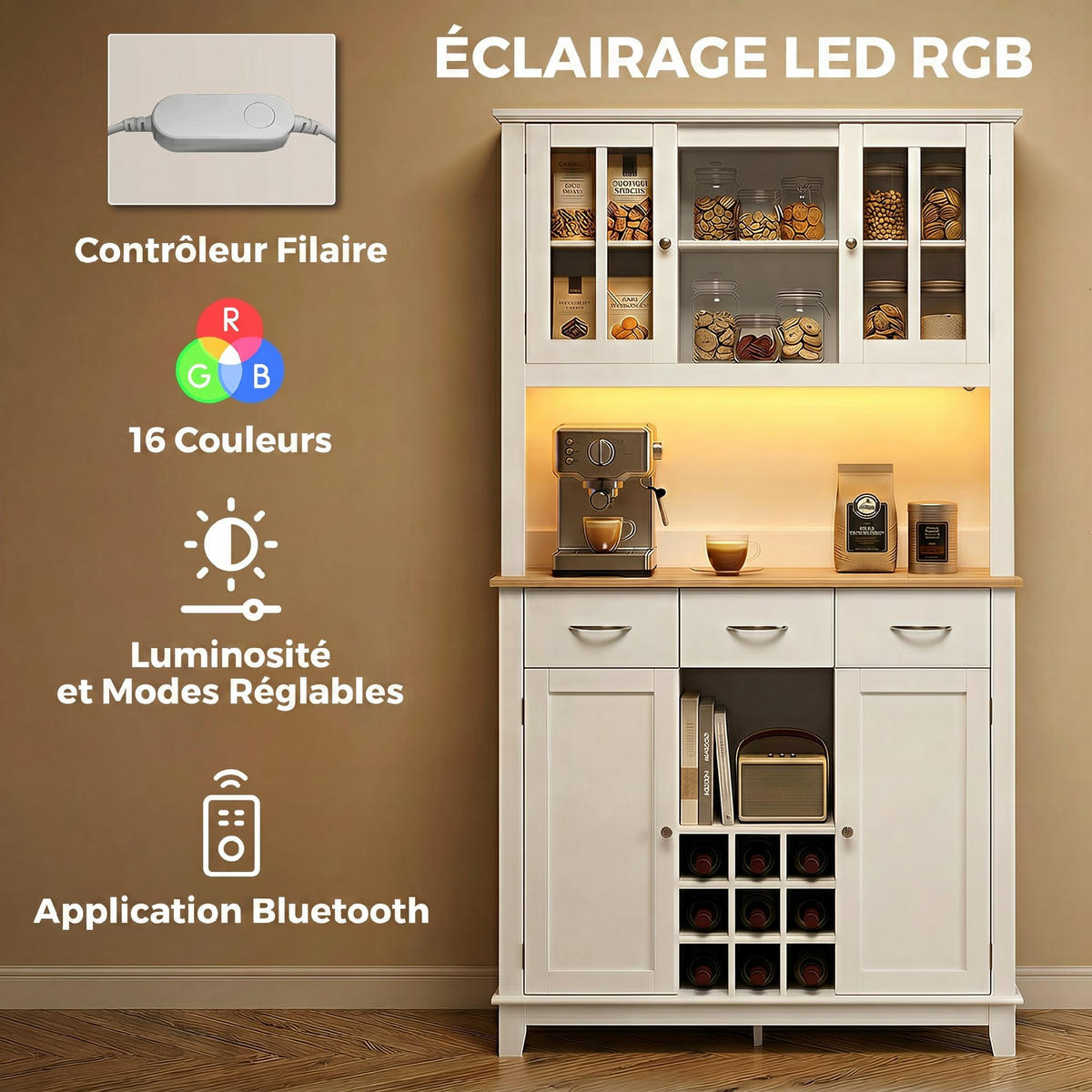 BUFFET DE-11344 LED-Licht & Weinkeller, 4 Türen, 3 Schubladen Weiß - Weiß, Holzwerkstoff (39.5/180/100cm) - ComfortXL
