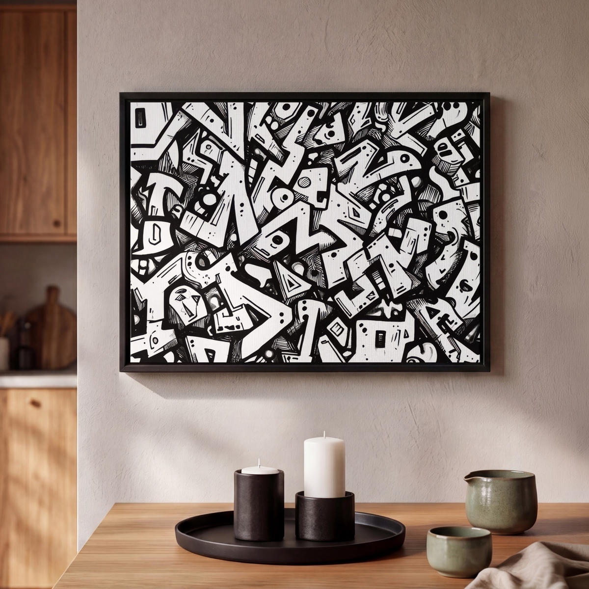 LEINWAND Bilder mit Rahmen - Formen - Buchstaben - Graffiti - Schwarz - 40x30 - Schwarz, Textil (40/30cm) - MuchoWow