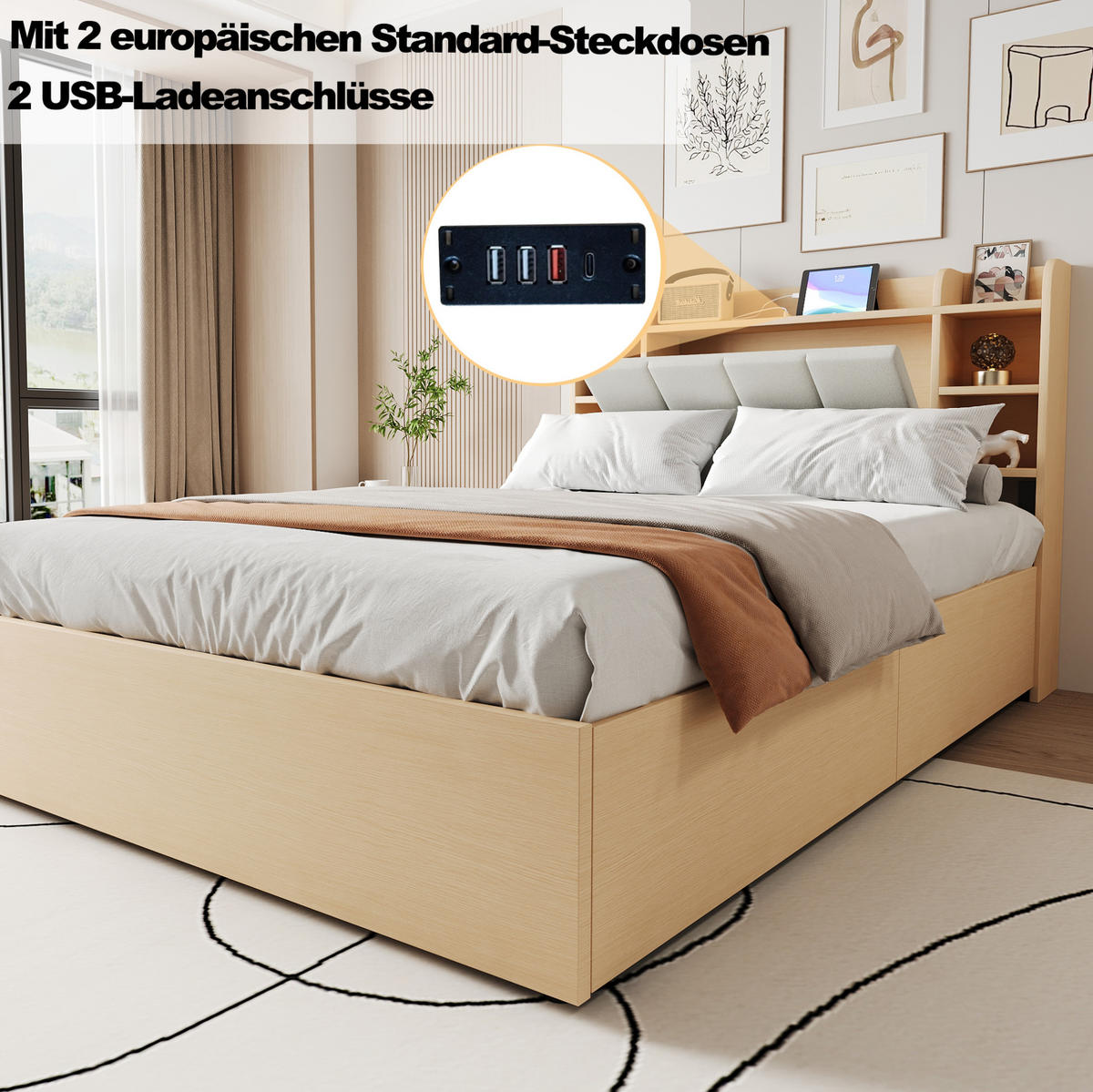 BETT 140/200 cm mit hydraulischem Bettkasten, Kopfteil mit Stauraum, USB- und USB-C-Anschluss, MDF, farbe - Naturfarben, Holzwerkstoff (140/200cm) - Redom