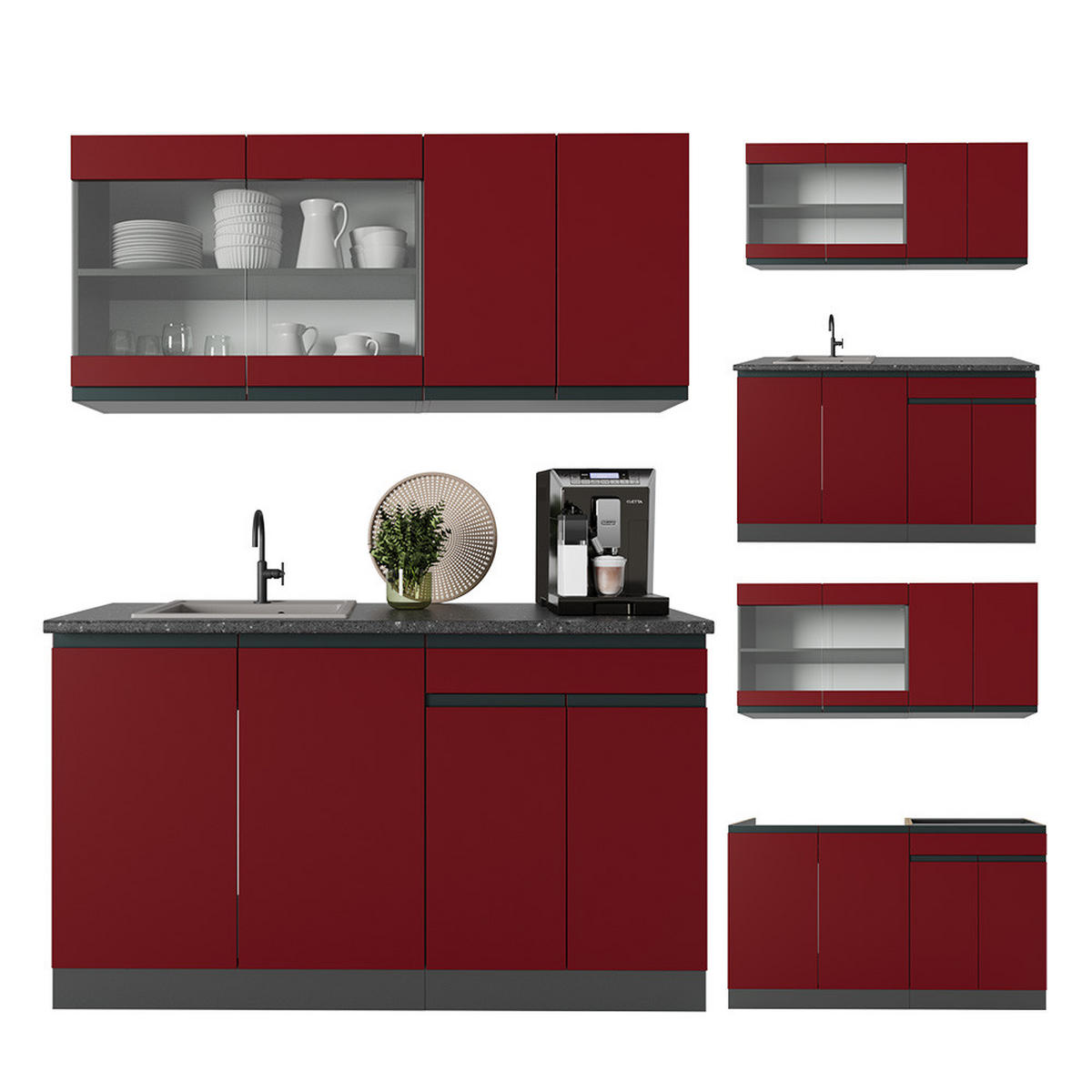 SINGLEKÜCHE R-Line Rot/Anthrazit 140 cm, AP Eiche - Rotbraun/Anthrazit, Holzwerkstoff (140/81.6/60cm) - Vicco