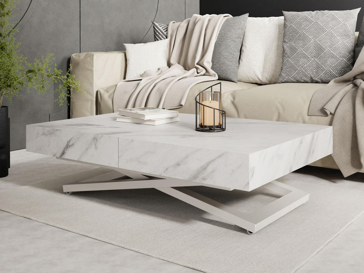 COUCHTISCH Cavetta U höhenverstellbar ausziehbar, Marmor Weiß 120-200/80/27-76 cm - Kaschmir/Ecru, Holzwerkstoff/Metall (80/120/76cm) - WFL GROUP