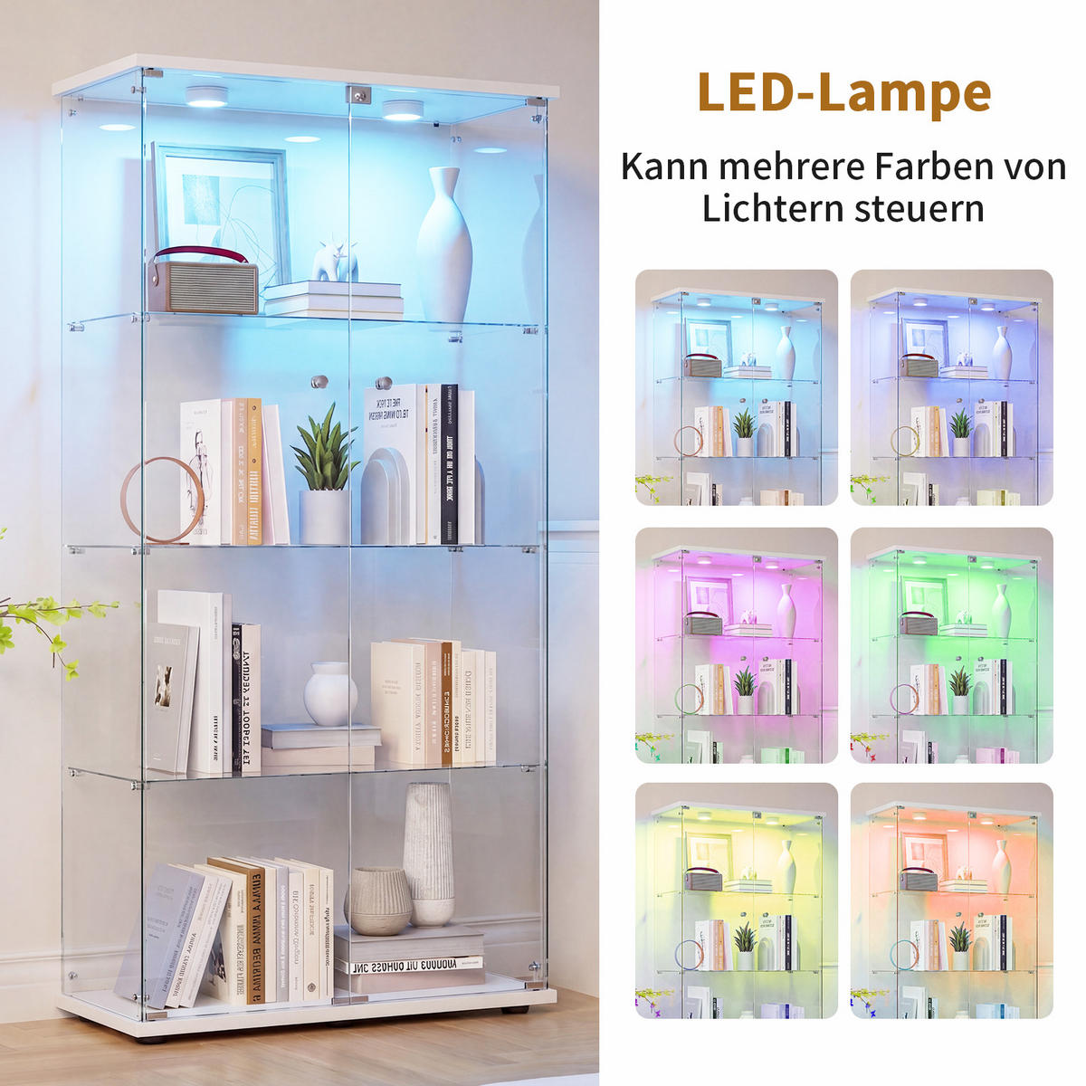 GLASVITRINE LED Weiß mit 2 Tür 4 Etagen mit Schloss,80.49x36.49x163.9cm - Weiß, Glas (36.49/163.9/80.49cm) - BPKADHY