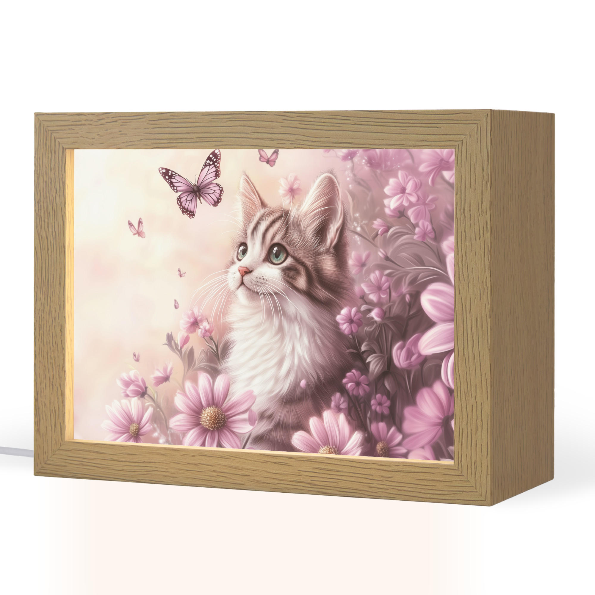 NACHTTISCHLAMPE Kätzchen - Blumen - Schmetterlinge - Lila 20x15 cm - Altrosa, Holzwerkstoff (8/20/15cm)