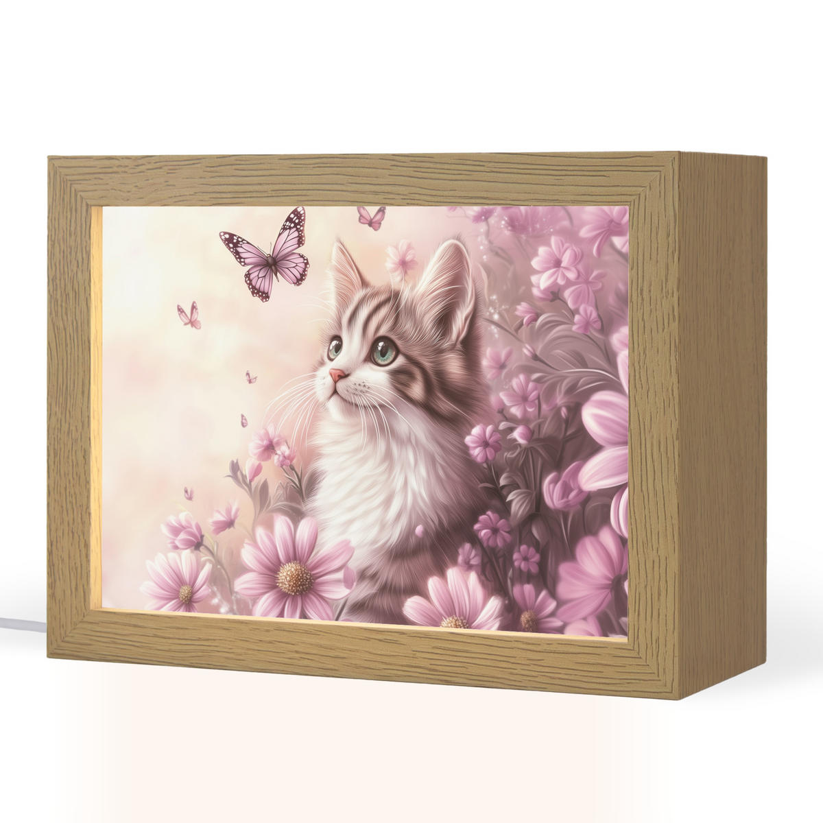 NACHTTISCHLAMPE Kätzchen - Blumen - Schmetterlinge - Lila 20x15 cm - Altrosa, Holzwerkstoff (8/20/15cm)