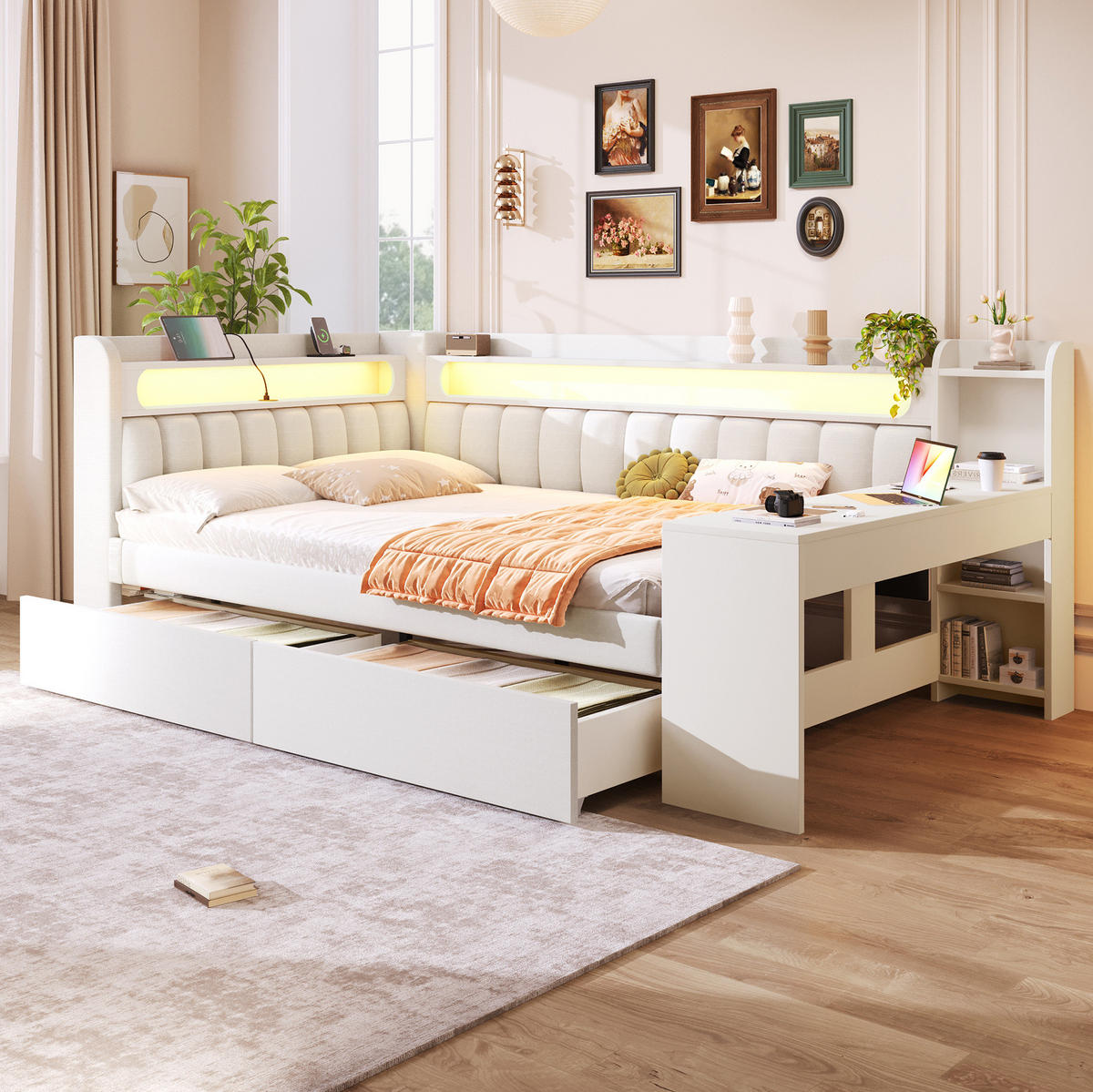 ČALOUNĚNÁ postel z MDF a překližky 140x200 cm bílá s LED osvětlením, USB portem, psacím stolem a 2 zásuvkami - bílá, kompozitní dřevo (140/200cm) - Modfu