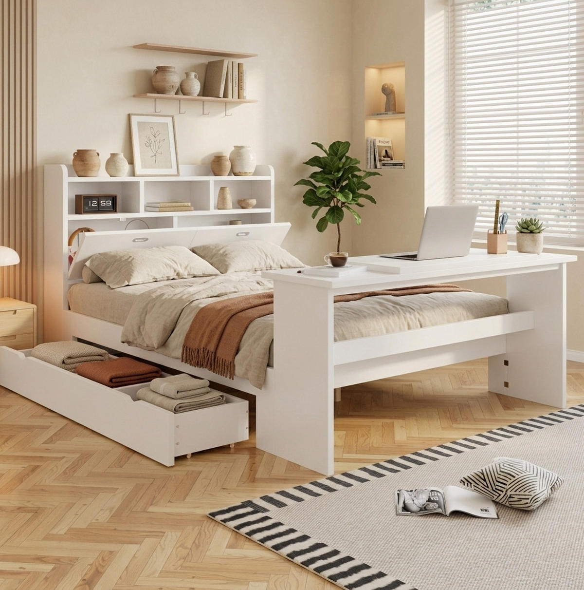 STAURAUMBETT Weiß 140/200 cm aus Holz mit Klapptisch - Weiß, Holz (140/200cm) - MIVRAY