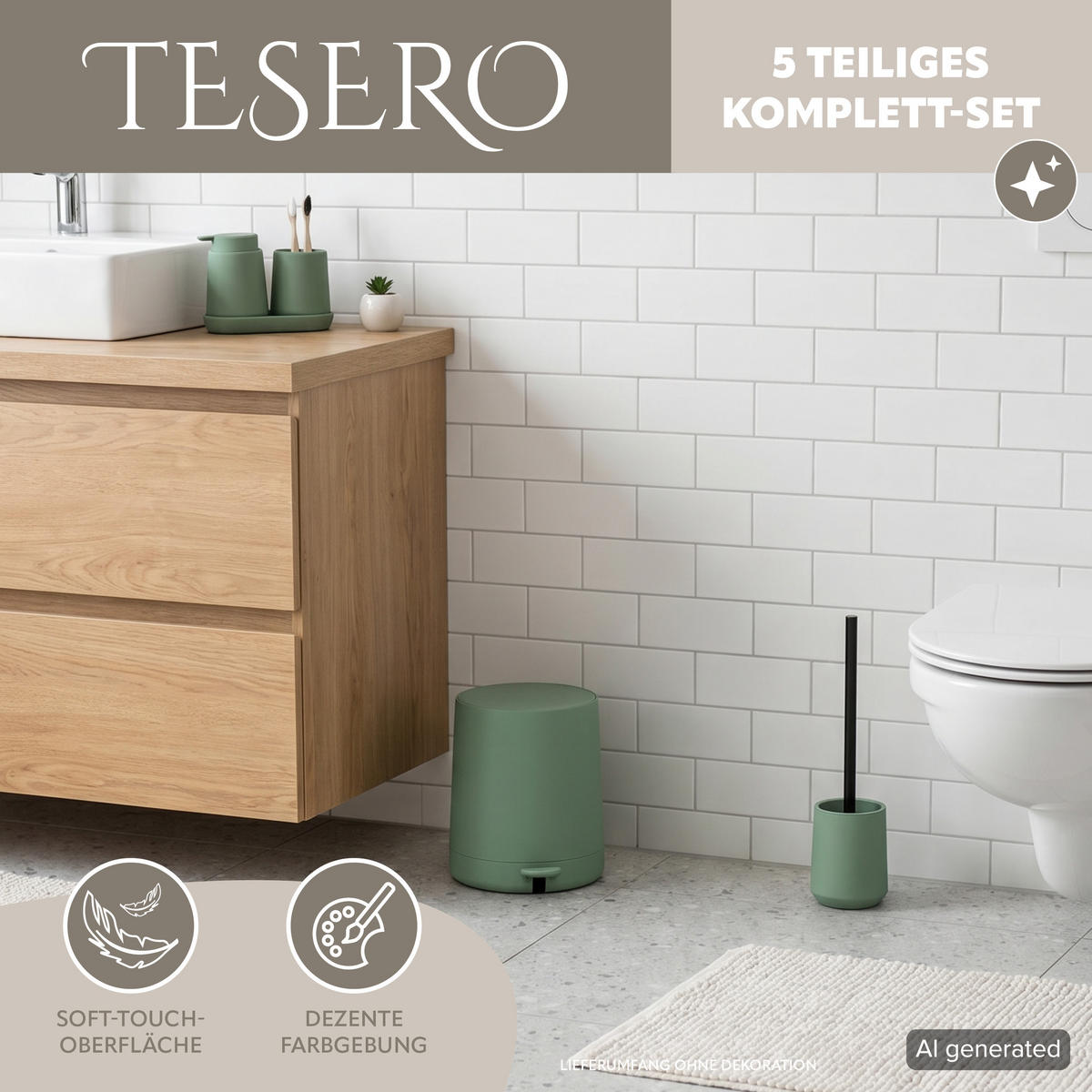 BAD-ACCESSOIRES-SET TESERO, Soft-Touch, grün - Grün, Kunststoff (22.5/25.5/25cm) - eluno