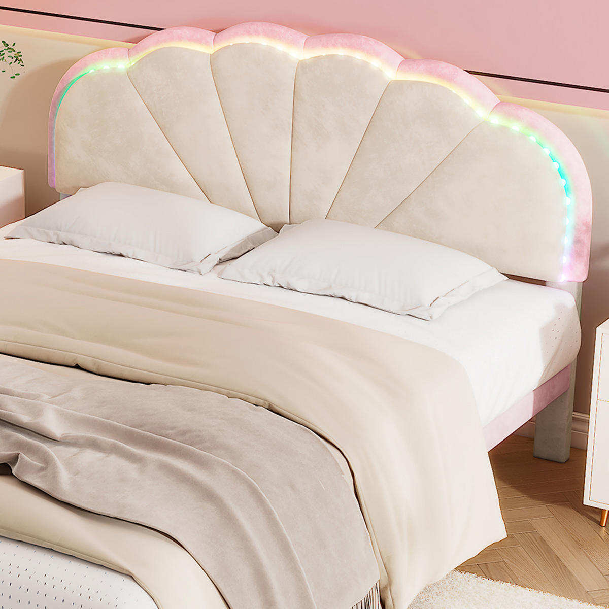 POLSTERBETT 140/200 cm beige aus Samt mit LED-Lichtstreifen - Beige, Textil (140/200cm) - OKWISH