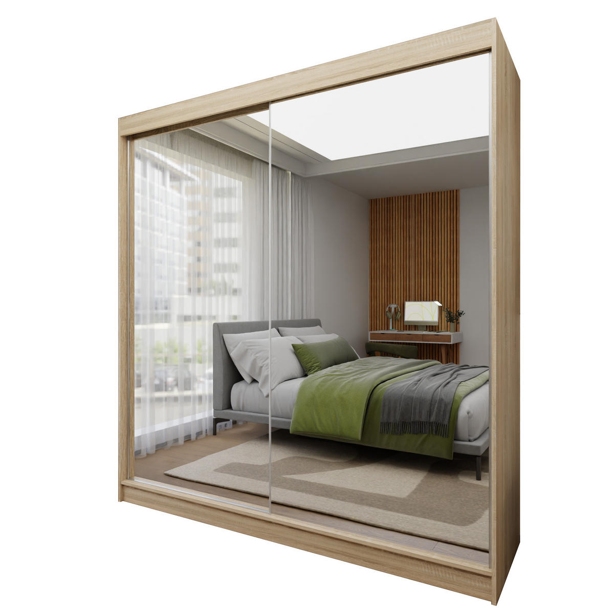 SCHWEBETÜRENSCHRANK BELLINA 200/216/61 cm 2-türig mit Spiegel Sonoma Eiche - Sonoma Eiche, Holzwerkstoff (200/216/61cm) - MASSENO