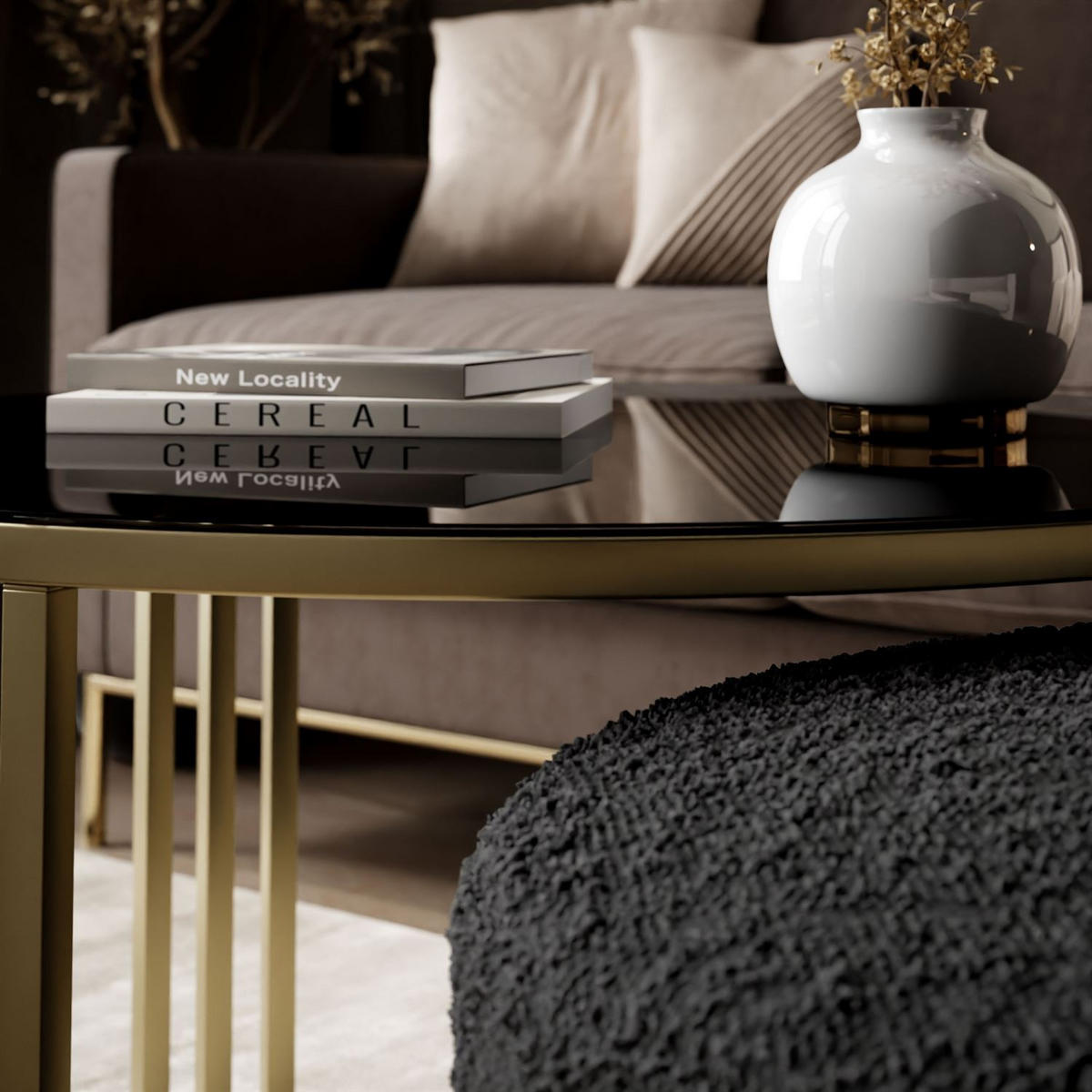 COUCHTISCH mit Hocker LORI GLASS gebürstetes Gold/schwarzes Glas/Coral 60 - Schwarz, Metall (70/70/49cm) - Lookway