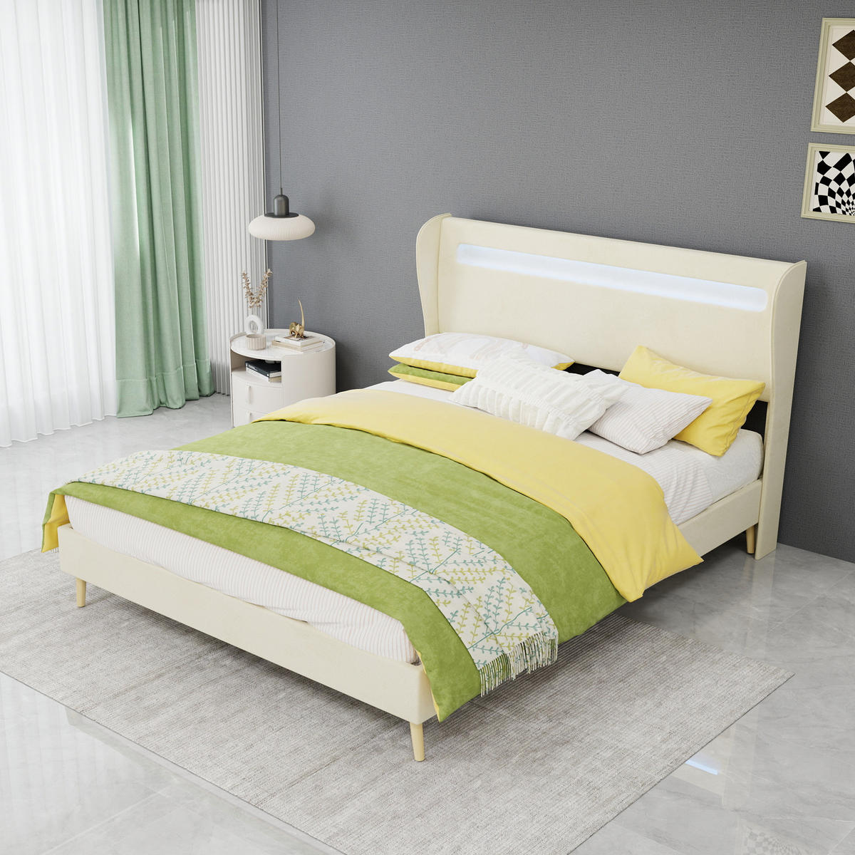 POLSTERBETT 140/200 cm DE-35471 mit LED-Kopfteil Beige - Beige, Metall (140/200cm) - ComfortXL