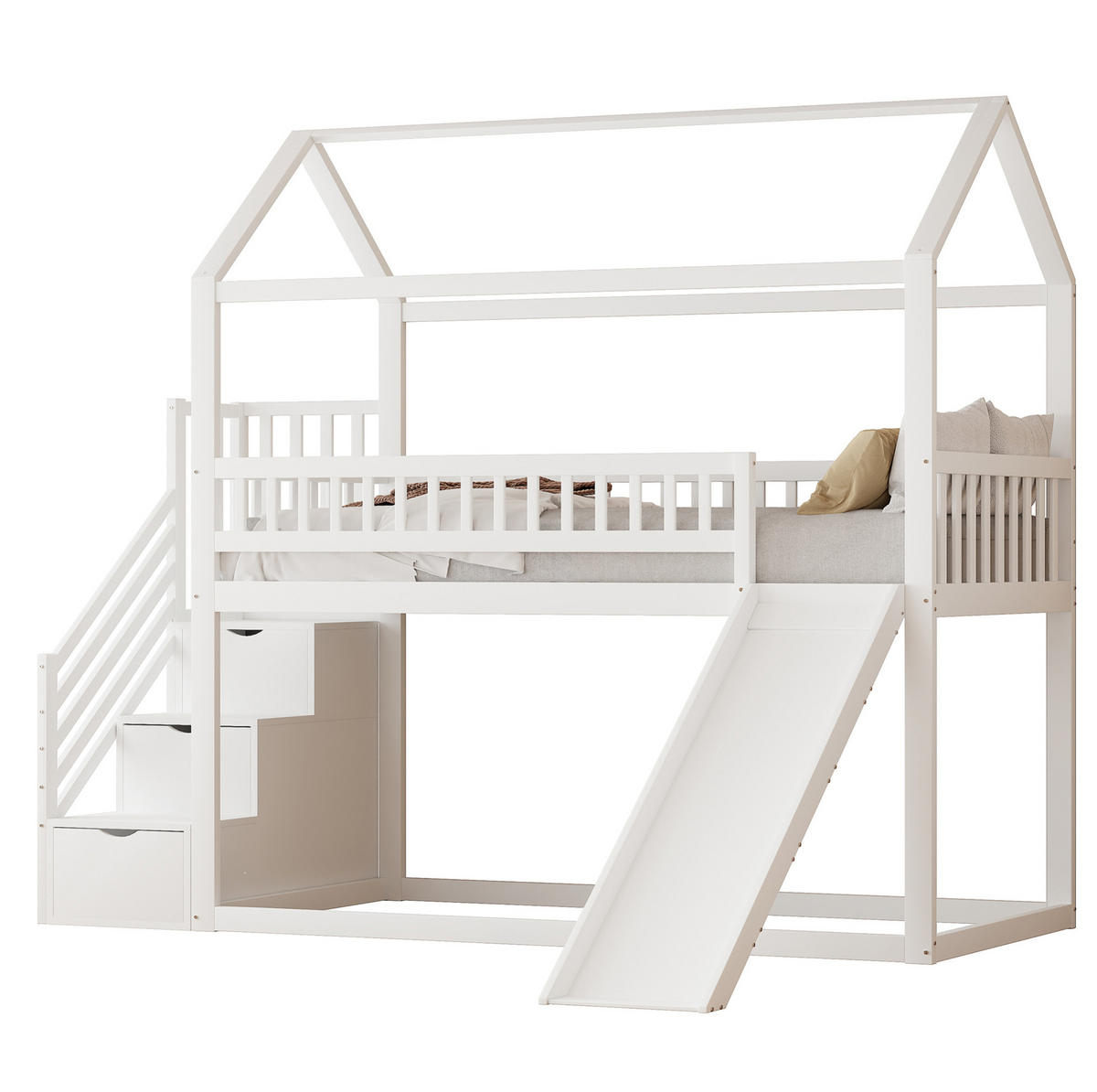 HOCHBETT 90/200 cm mit Rutsche und Stauraumleiter, Massivholz, Weiß mit Matratze - Weiß, Holzwerkstoff (90/200cm) - OKWISH