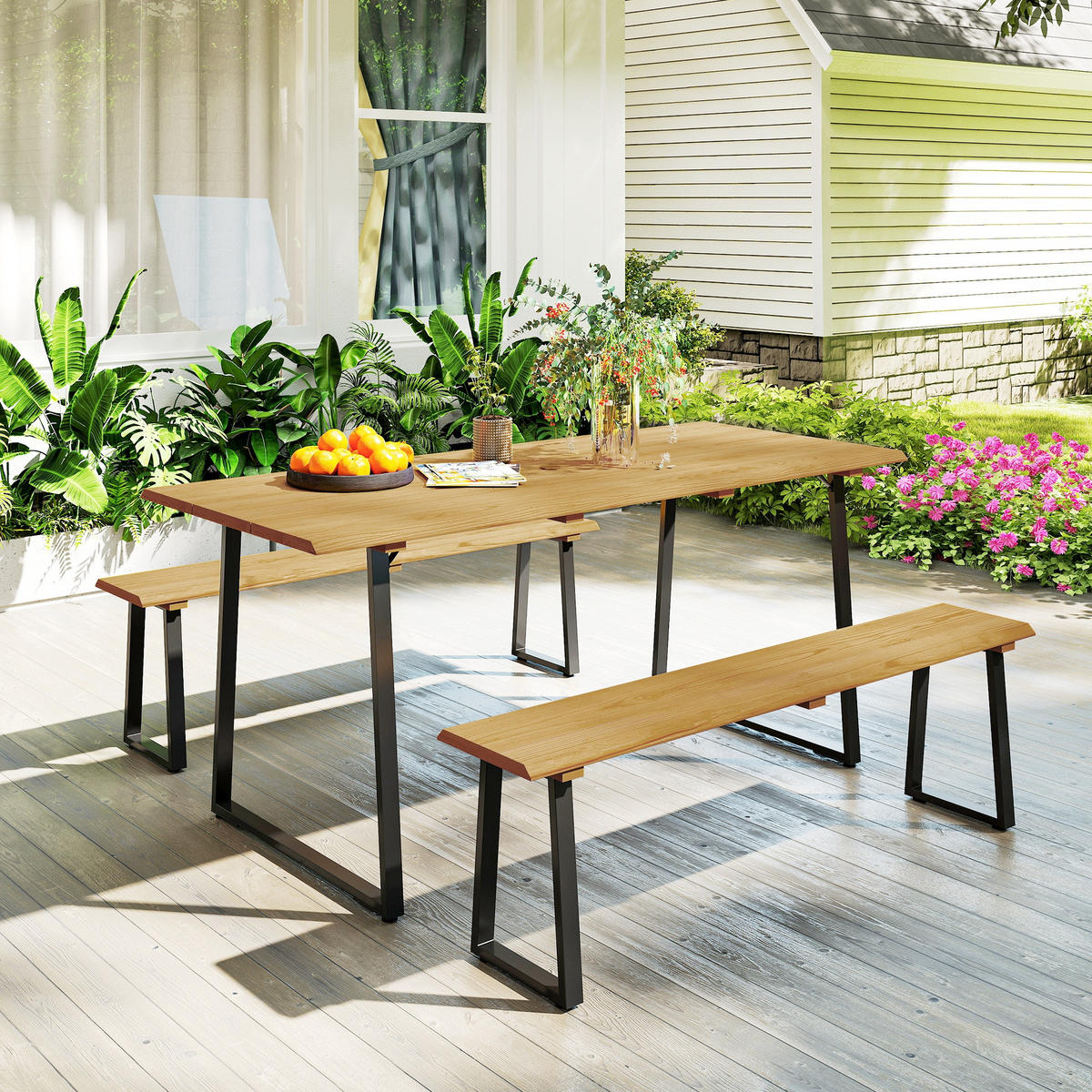 SITZGRUPPE 3-teilig Holz Essgruppe für 6 Personen Esstisch mit Bänke Schirmloch - Schwarz/Naturfarben, Holz/Metall - Outsunny