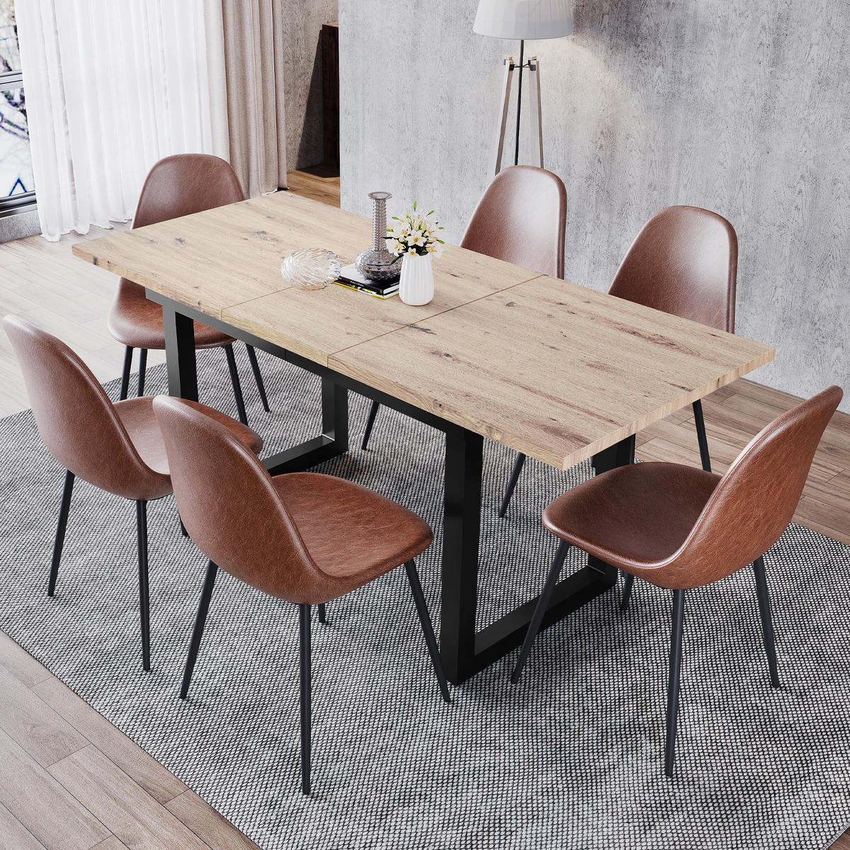 ESSTISCH ausziehbar Industrial-Stil MDF Schwarz + Natural - Schwarz, Metall (180/80/75cm) - Meubliv