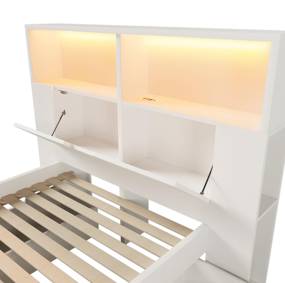 KINDERBETT Kindereinzelbetten 90/200 cm mit LED-Beleuchtung, USB-Anschlüssen, Schubladen, Regalen und Bettbank, Weiß - Weiß, Holzwerkstoff (90/200cm) - Redom