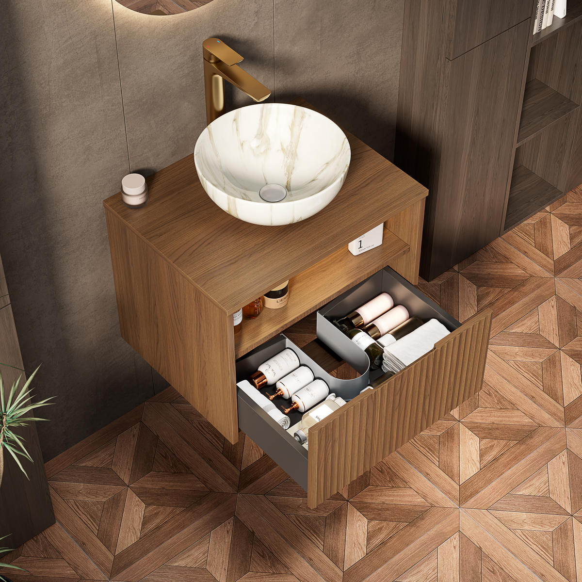 WASCHTISCHKOMBI 60x46x60.8cm Braune Eiche/Steinweiß mit Sensor-LED, Soft-Close & Massivholzfront - Eichefarben, Keramik (60/60.8/46cm) - Modfu