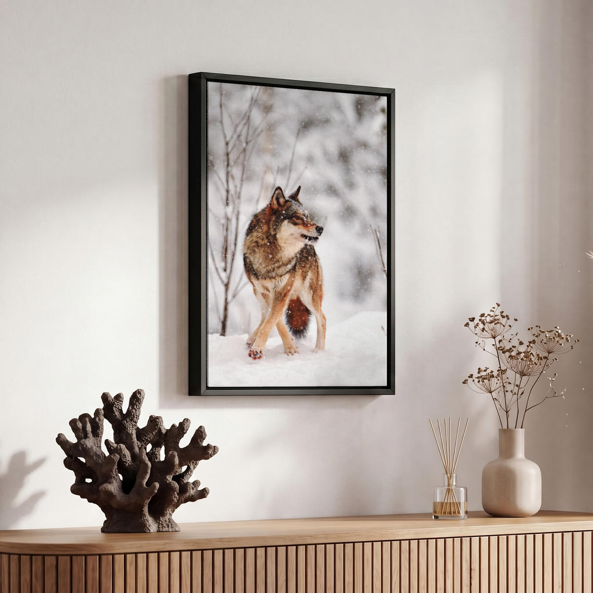LEINWAND Bilder mit Rahmen - Wolf - Winter - Schnee - Natur - Tiere - 20x30 - Haselnussfarben, Textil (20/30cm) - MuchoWow