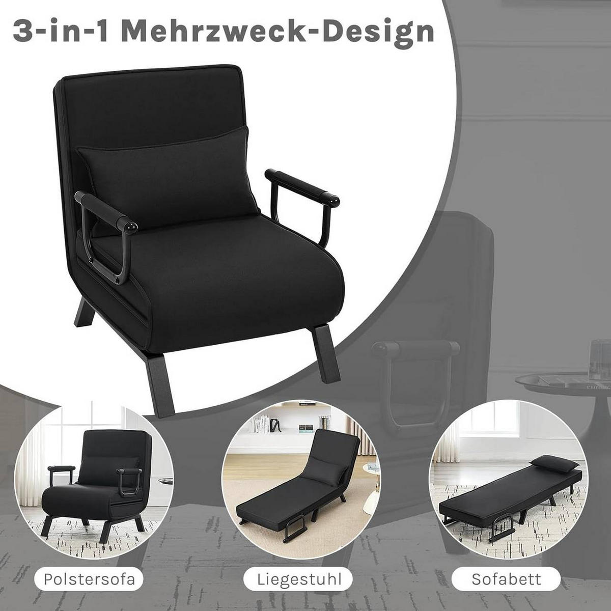 SCHLAFSESSEL 3 in 1, mit Verstellbarer Rückenlehne, Leinen Schwarz - Schwarz, Textil/Metall (65/78/75cm) - Woltu