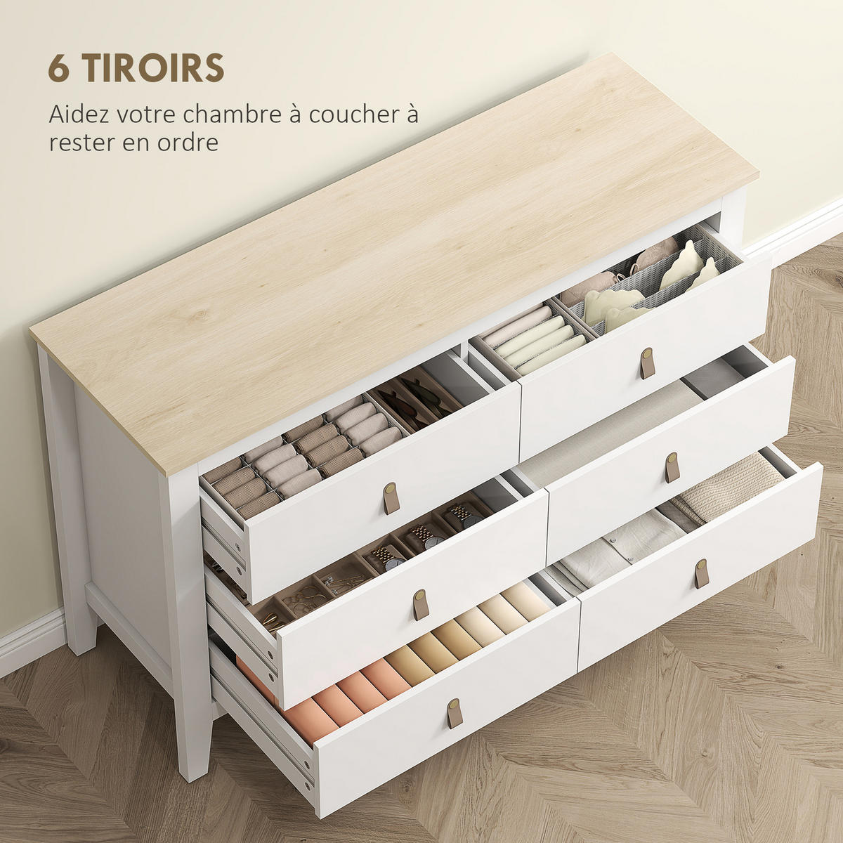 KOMOODE DE-12887 6 Schubladen, weiße Polyurethan-Griffe Weiß - Weiß, Holzwerkstoff (120/78/40cm) - ComfortXL