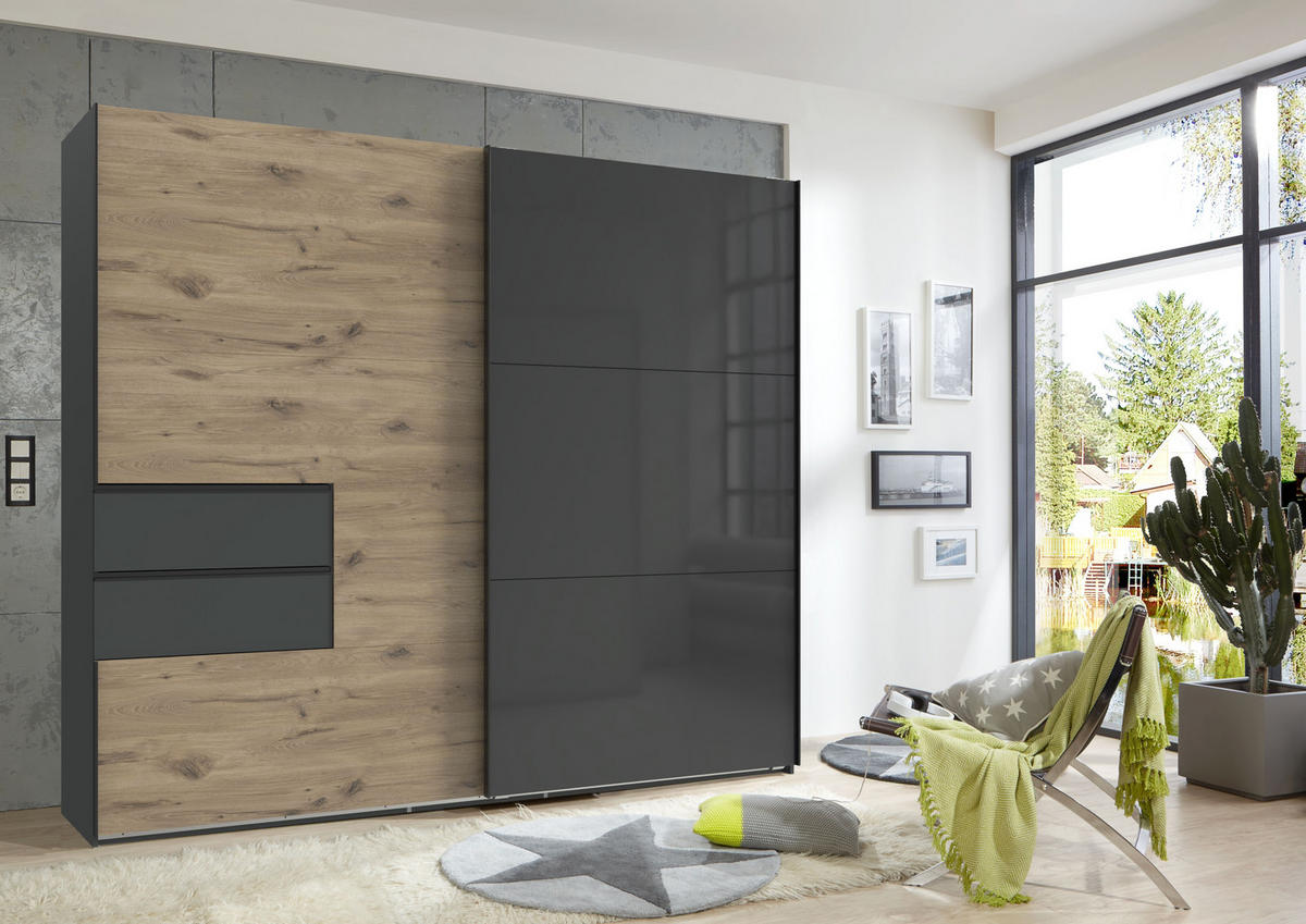 SCHWEBETÜRENSCHRANK B250/H216/T65 cm, Korpus+Schubladen Grafit, Türen eichefarben / Glas Grau, inkl. Vollausstattung / 22052 - Eichefarben/Schwarz, Holzwerkstoff/Metall (250/216/65cm) - luma-home