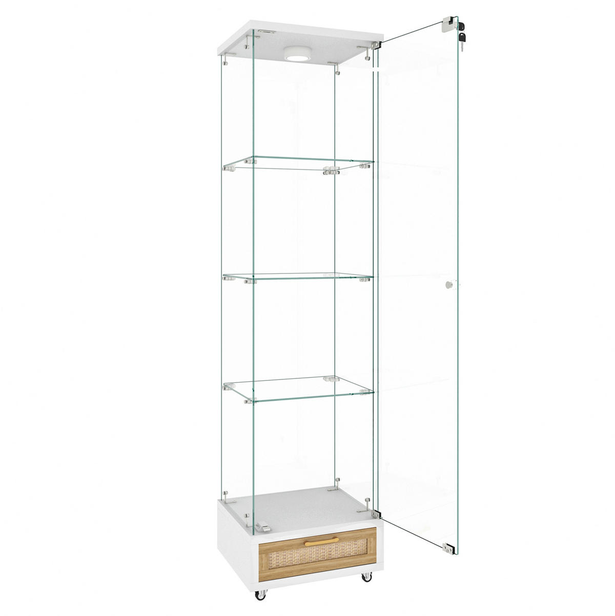 VITRINE aus MDF und Glas 36,5x42,5x167 cm Weiß mit LED-Beleuchtung, Rollen und abschließbarem Stauraum - Weiß, Holzwerkstoff (42.5/167/36.5cm) - Modfu