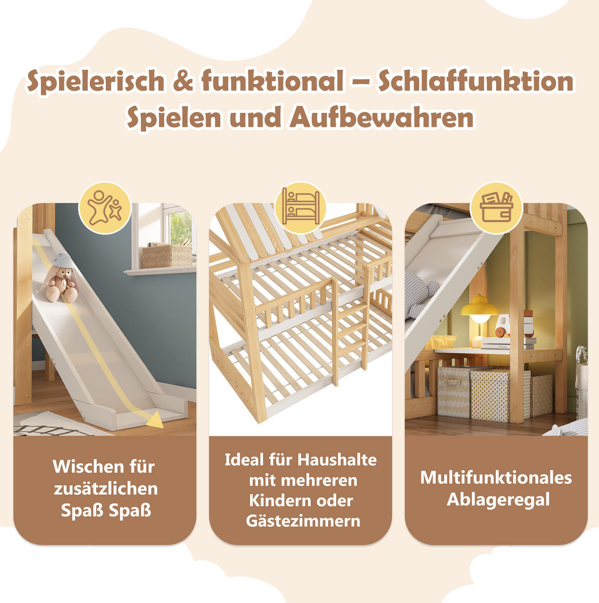 ETAGENBETT mit Giebeldach 90/200 cm Weiß Natur mit Regal, ohne Matratze - Weiß, Holz (90/200cm) - MIVRAY