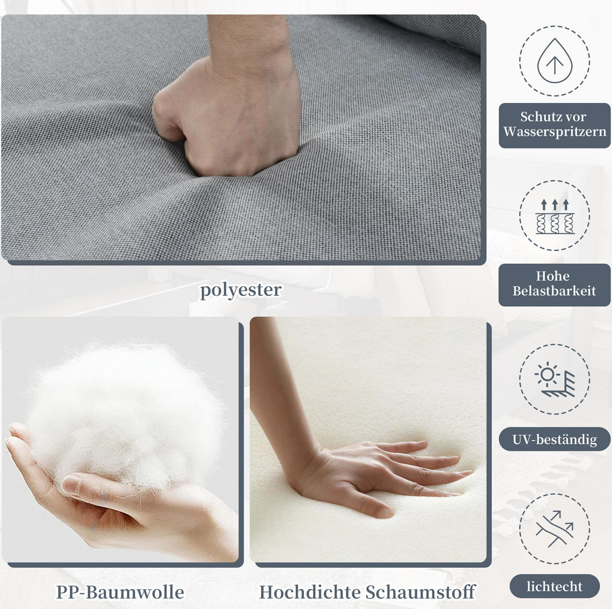 GARTENMÖBEL-SET 183/74/79 cm grau aus Polyester und verzinktem Stahl mit Couchtisch und Fußhocker - Grau, Textil - OKWISH