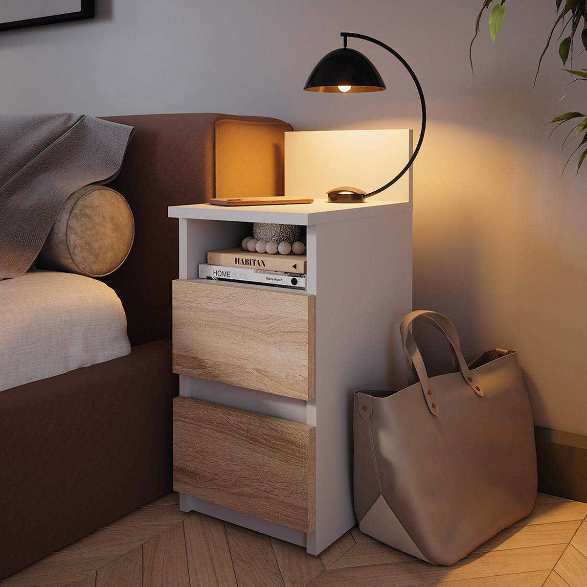 NACHTTISCH Monty Weiß/Sonoma 25 x 59.1 cm mit 2 Schubladen - Weiß/Sonoma Eiche, Holzwerkstoff (25/59.1/32.3cm) - Vicco