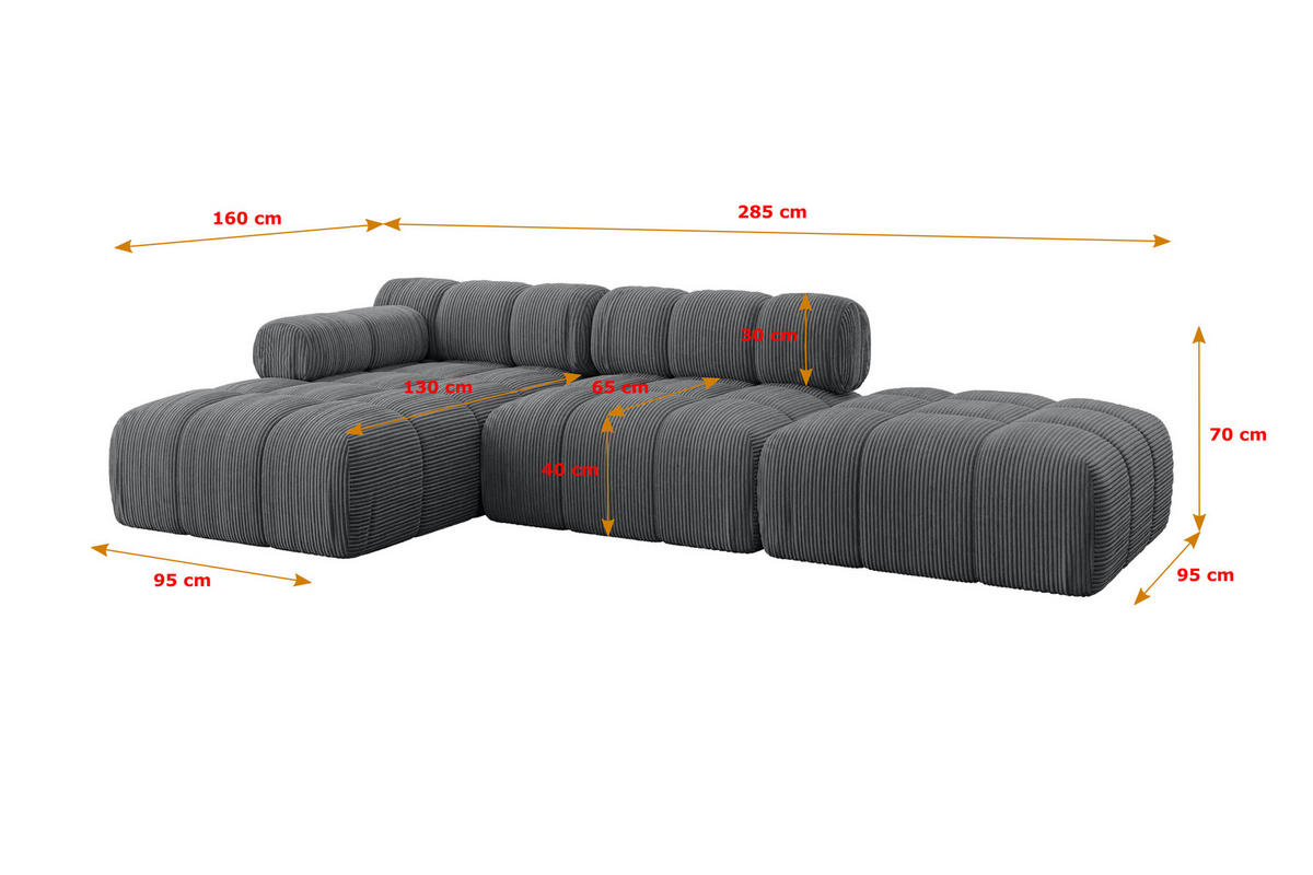 ECKSOFA modulares Sofa Lizur-L1 - 285x160x70 cm Dunkelgrau Cord - Dunkelgrau, Holzwerkstoff/Textil (285/160cm) - ALTDECOR