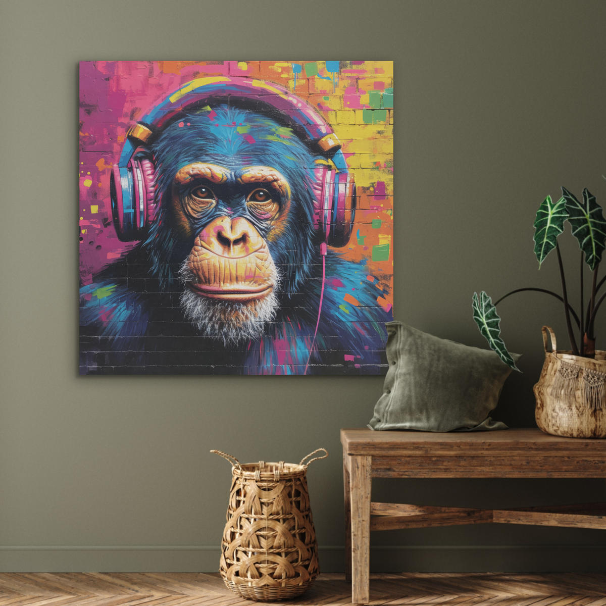 AKUSTIKPANEEL Graffiti - Schimpanse - Straßenkunst - Kopfhörer - Affe 90x90 cm - Blau, Textil (90/0.9/90cm) - MuchoWow