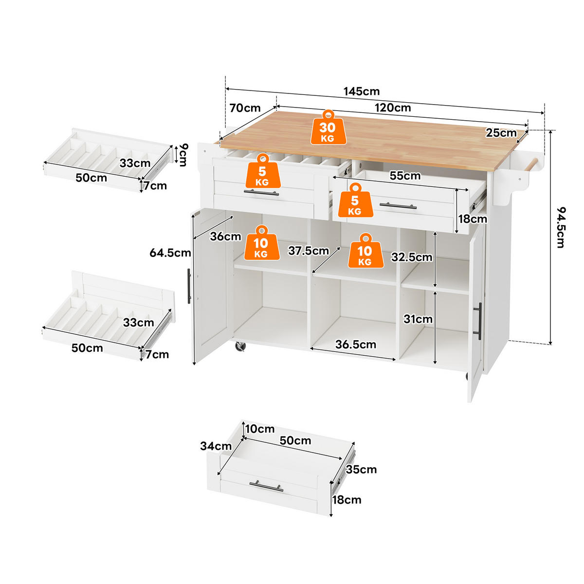 KÜCHENINSEL in Weiß Servierwagen mit klappbarer Arbeitsplatte und Schubladen für Küche und Wohnzimmer, B145/T45/H94.5 cm - Weiß, Holzwerkstoff (145/94.5/70cm) - STILVORA