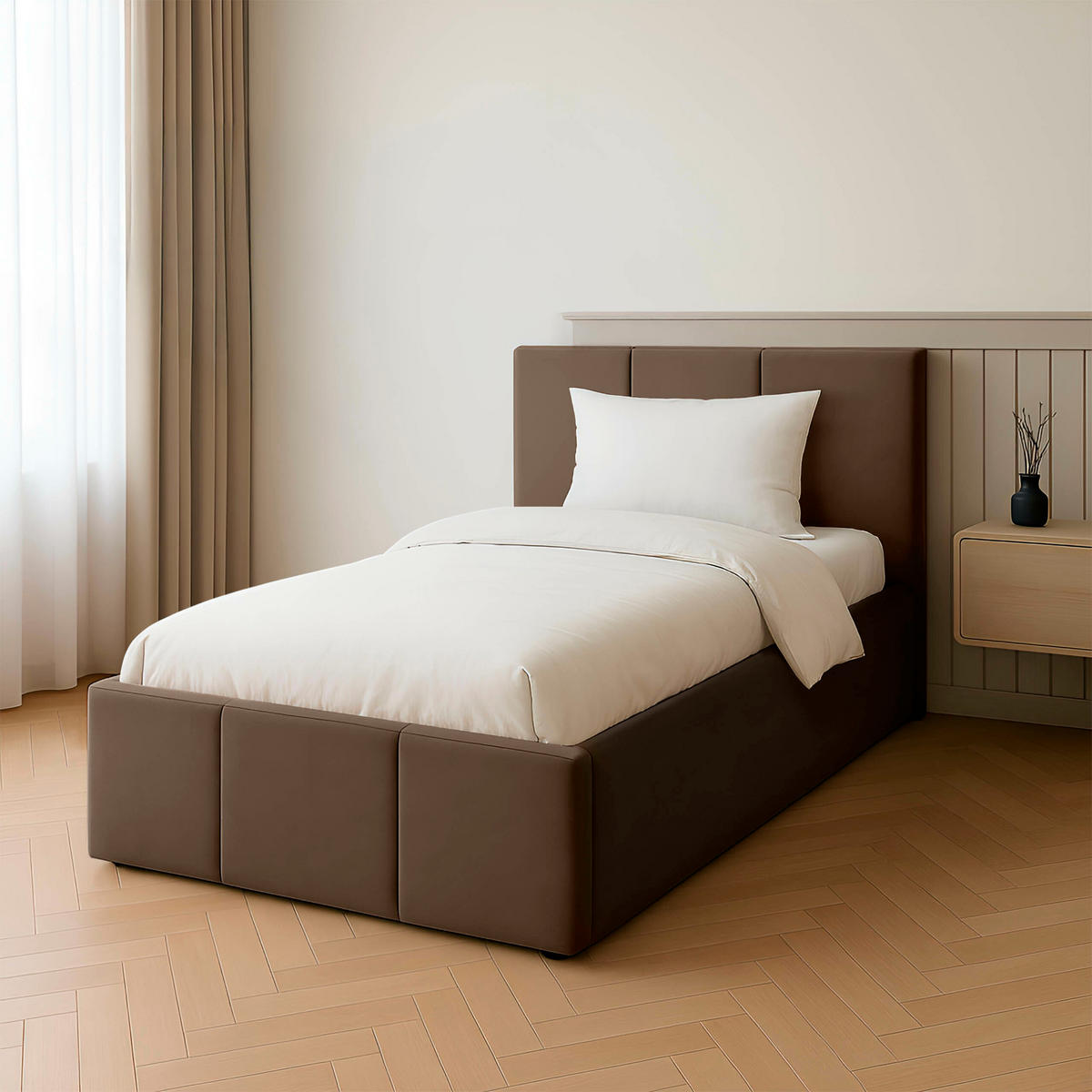 POLSTERBETT für Schlafzimmer Bett mit Stauraum Braun 90x200cm Kopfteil 100cm - Braun, Holzwerkstoff/Metall (90/200cm) - Muralo